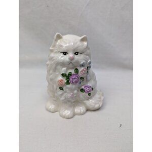 Vintage White Persian Cat Floral Ceramic Planter Potpourri Holder Figure